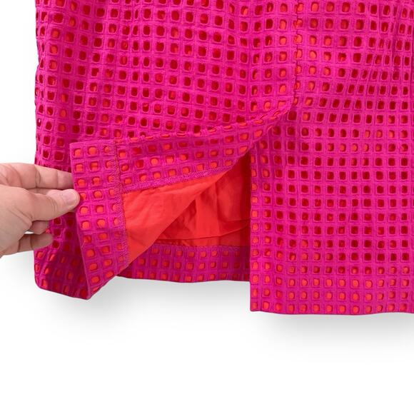Talbots Pencil Skirt Sz 14 Pink Orange Geometric Eyelet Lined Cotton Knee Length - Picture 6 of 9